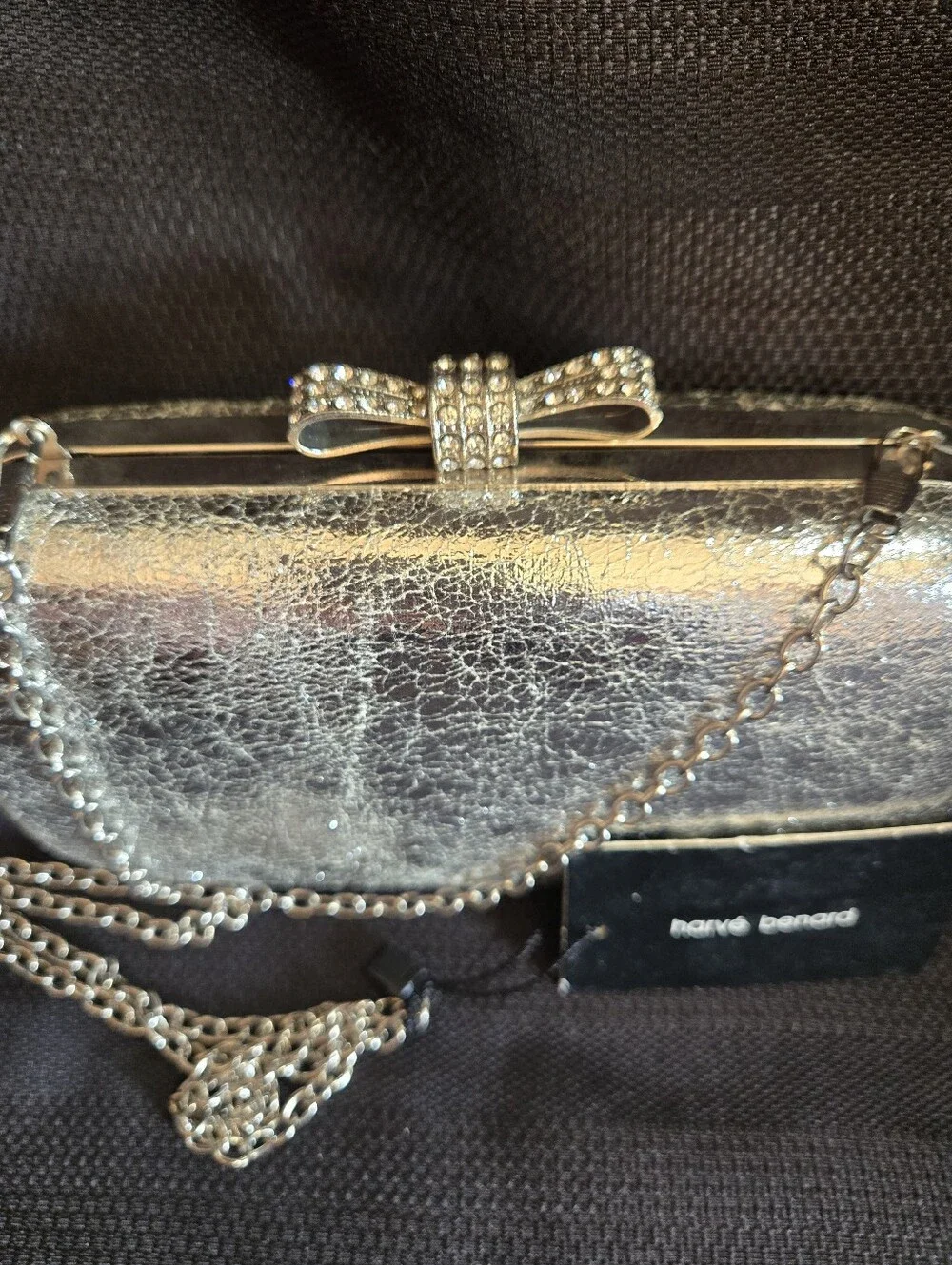 Harve Benard Silver Metallic Bow Clasp Chain Clutch NWT